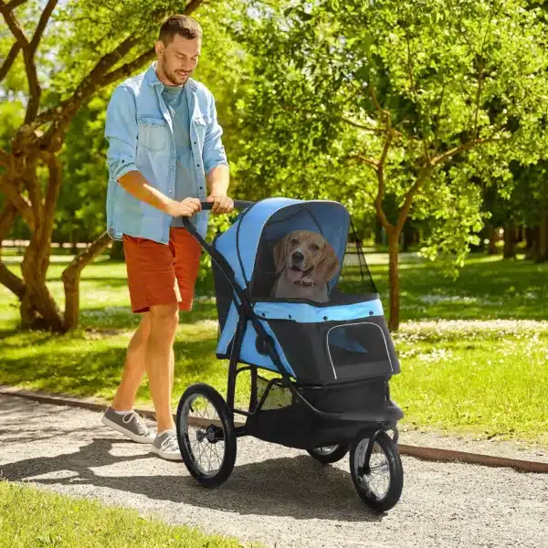 Carrito para Perros Medianos Pequeños con Cesta de Almacenaje Capota Ajustable y Ventana de Malla 111x58x107 cm Azul - Imagen 11