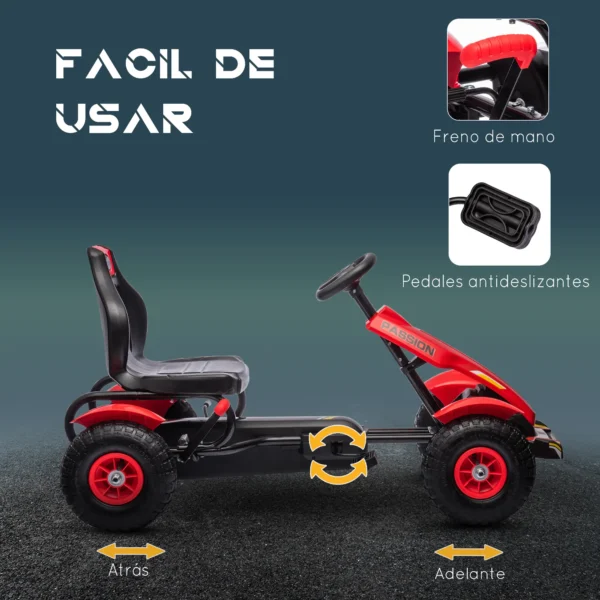 Go Kart a Pedales para Niños con Asiento Ajustable Neumáticos de Goma Freno de Mano Carga 50 kg 121x58x61 cm Rojo - Imagen 2