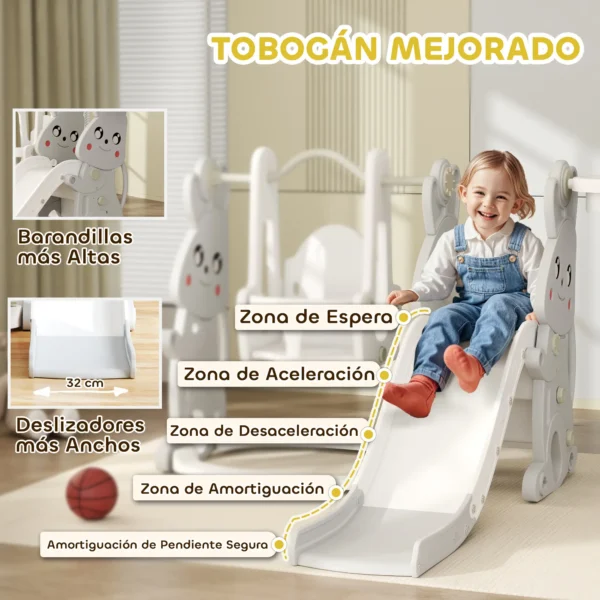 Tobogán Infantil con Columpio con Barandilla y Canasta 4 en 1 para Niños de +18 Meses 147,5x160x107 cm Gris - Imagen 7