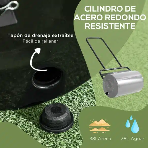 Rodillo para Césped de 38L Relleno de Arena o Agua con Mango en U para Jardín Granja Negro - Imagen 9