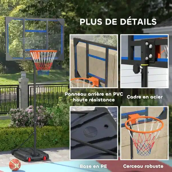 Canasta de baloncesto para niños, altura ajustable de 210-260 cm exterior e interior con ruedas, base de contrapeso, azul - Imagen 5