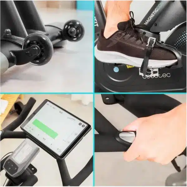 DrumFit Indoor 24000 Magnetic Connected Bicicleta indoor con sistema de resistencia magnética con volante de inercia de 24 Kg. APP. 8 niveles de resistencia. Pantalla LCD. Soporte para dispositivos. Pulsómetro. Ruedas de transporte. Sillín y manillar regulables. Peso máximo de 120 kg y altura máxima 190 cm - Imagen 6
