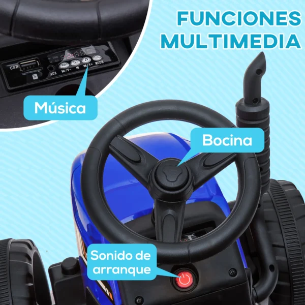 Tractor Eléctrico con Remolque para Niños 3-6 Años con Control Remoto y Cinturón de Seguridad 136,5x50x52,5 cm Azul - Imagen 6