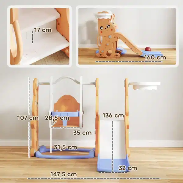 Tobogán Infantil con Columpio con Barandilla y Canasta 4 en 1 para Niños de +18 Meses 147,5x160x107 cm Naranja - Imagen 10