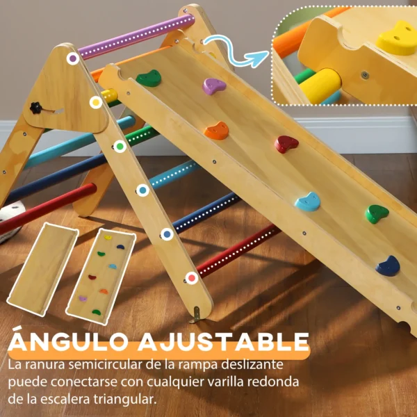 Triángulo de Escalada de Madera 3 en 1 con Rampa para Deslizarse o Escalar 147x64,5x63 cm Multicolor 5 - Imagen 6