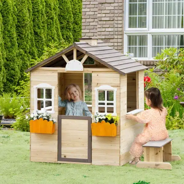 Casita Infantil de Juegos Exterior para Niños de 3 -7 Años con Ventanas 2 Jardineras y 1 Banco 113x94x134,5 cm Natural - Imagen 10