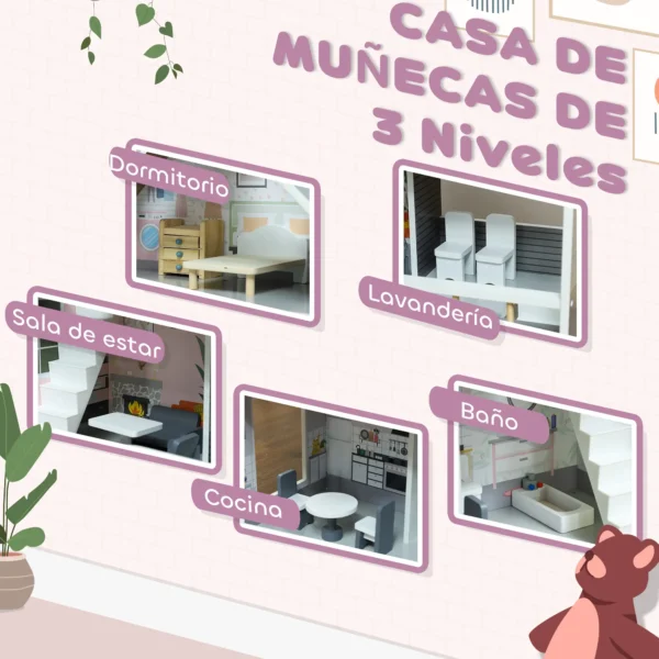 Casa de Muñecas con Muebles y Accesorios de 3 Pisos Juguete para Niños y Niñas a Partir de 3 Años Gris - Imagen 8
