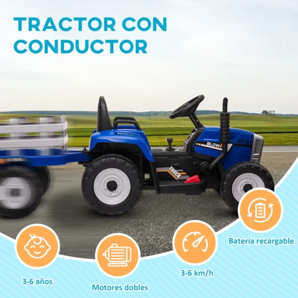 Tractor Eléctrico con Remolque para Niños 3-6 Años con Control Remoto y Cinturón de Seguridad 136,5x50x52,5 cm Azul - Imagen 4