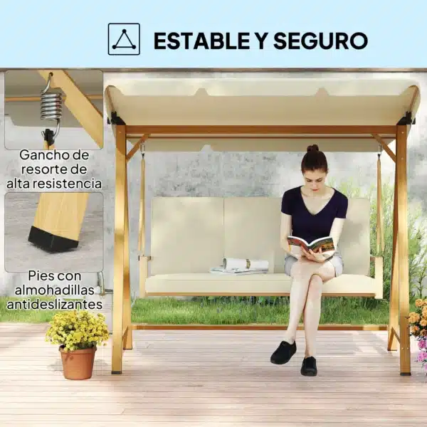 Balancín de Jardín con Toldo Ajustable para Tres Personas Estructura Metálica y Cojines 195x120x170 cm Beige - Imagen 6