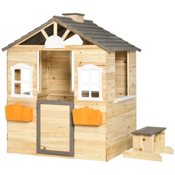 Casita Infantil de Juegos Exterior para Niños de 3 -7 Años con Ventanas 2 Jardineras y 1 Banco 113x94x134,5 cm Natural - Imagen 2