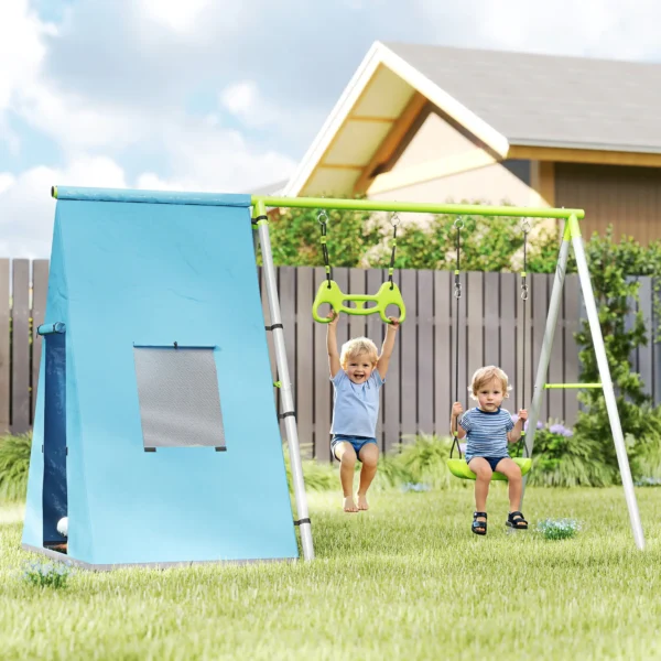 Columpio Infantil 3 en 1 con Tienda Anillas y Altura Ajustable para Niños de 3-8 Años Estructura Metálica 283x180x182 cm - Imagen 10