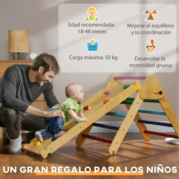 Triángulo de Escalada de Madera 3 en 1 con Rampa para Deslizarse o Escalar 147x64,5x63 cm Multicolor 5 - Imagen 4