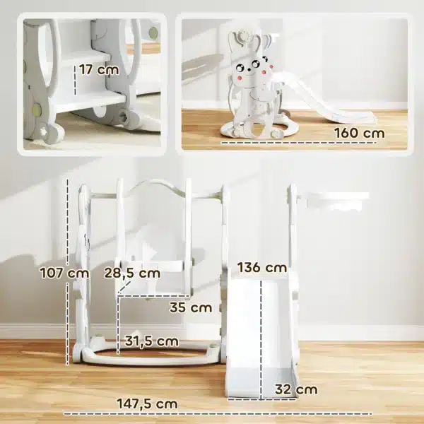Tobogán Infantil con Columpio con Barandilla y Canasta 4 en 1 para Niños de +18 Meses 147,5x160x107 cm Gris - Imagen 9