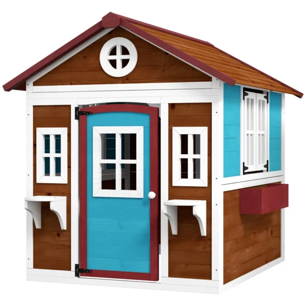 Casita de Madera Infantil con Puerta Ventanas Jardineras y Repisas con Detalles de Color 114x126,4x135 cm Marrón Oscuro - Imagen 2