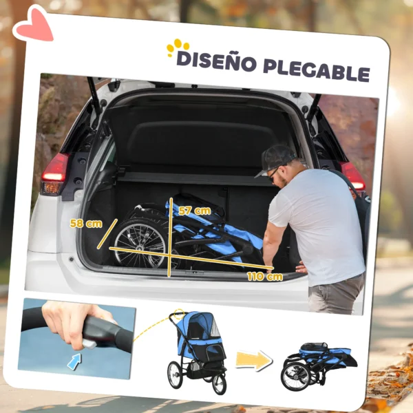 Carrito para Perros Medianos Pequeños con Cesta de Almacenaje Capota Ajustable y Ventana de Malla 111x58x107 cm Azul - Imagen 7
