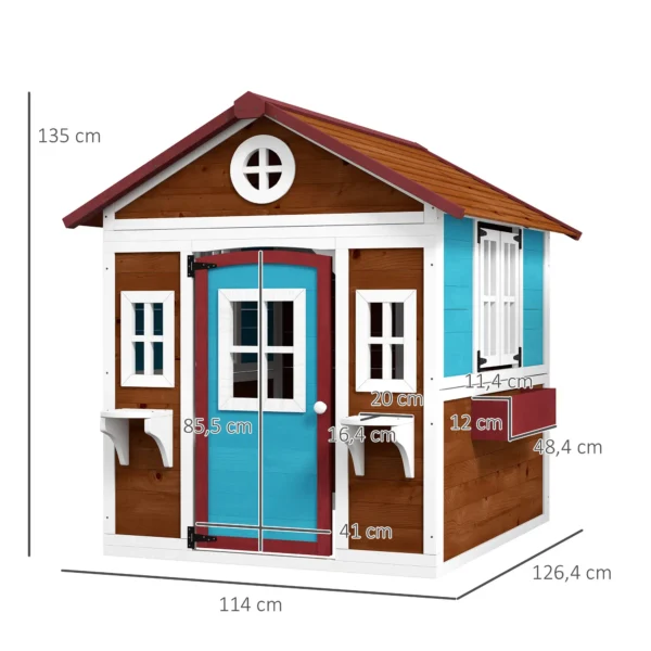 Casita de Madera Infantil con Puerta Ventanas Jardineras y Repisas con Detalles de Color 114x126,4x135 cm Marrón Oscuro - Imagen 9