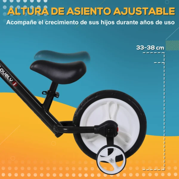 Bicicleta de Equilibrio con Pedales y Ruedas Entrenamiento Extraíbles de Asiento Regulable 33-38cm Niños +24 Meses Carga 25kg Negro - Imagen 7