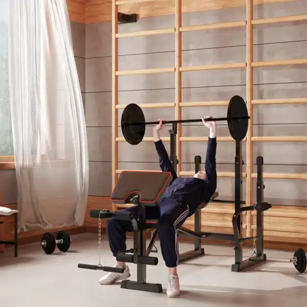 Banco de Pesas con Soportes para Barra y Respaldo Ajustable para Entrenamiento Completos de Cuerpo Negro - Imagen 10