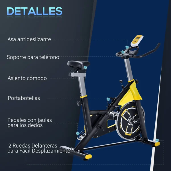 Bici Estática Bicicleta de Fitness con Resistencia Regulable Pantalla LCD Ruedas Manillar y Asiento Ajustable Amarillo - Imagen 5