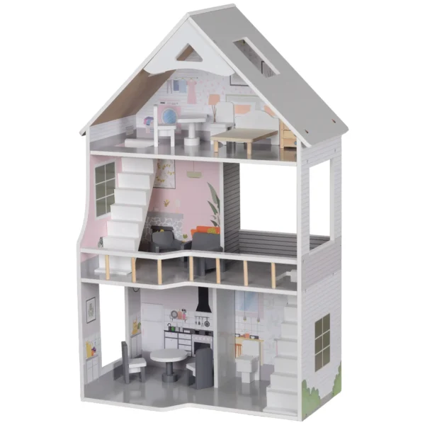 Casa de Muñecas con Muebles y Accesorios de 3 Pisos Juguete para Niños y Niñas a Partir de 3 Años Gris - Imagen 2