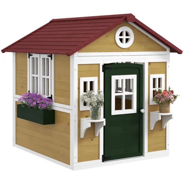 Casita de Madera Infantil con Puerta Ventanas Jardineras y Repisas con Detalles de Color 114x126,4x135 cm Natural - Imagen 3