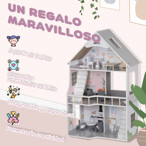 Casa de Muñecas con Muebles y Accesorios de 3 Pisos Juguete para Niños y Niñas a Partir de 3 Años Gris - Imagen 6