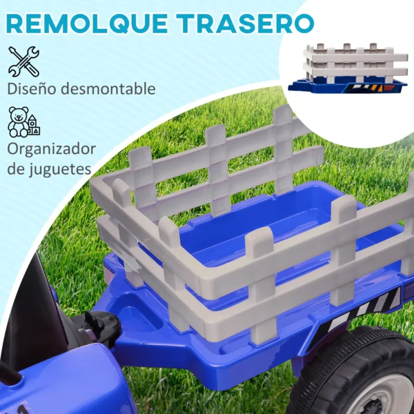 Tractor Eléctrico con Remolque para Niños 3-6 Años con Control Remoto y Cinturón de Seguridad 136,5x50x52,5 cm Azul - Imagen 8