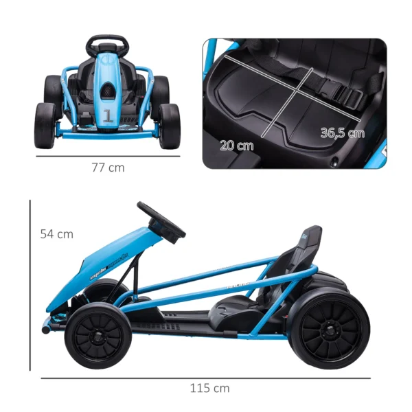 Elektro-Gokart para Niños, Función de Drift, Bocina, Música, Cinturón de Seguridad, Arranque Suave, Azul/Negro - Imagen 6