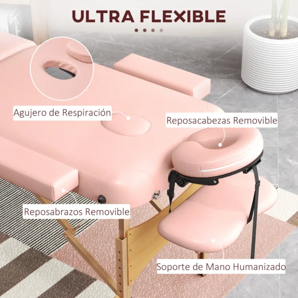 Camilla de Masaje Plegable con Reposacabezas Extraíble Asa Marco de Madera y Altura Regulable 185x60x64-88 cm Rosa - Imagen 7