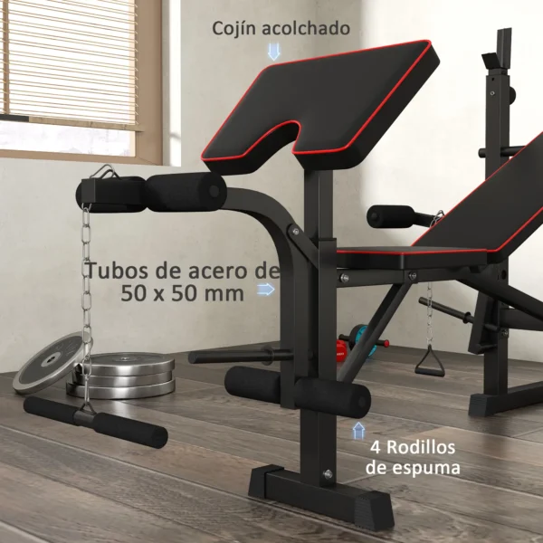 Banco de Pesas con Soportes para Barra y Respaldo Ajustable para Entrenamiento Completos de Cuerpo Negro - Imagen 8