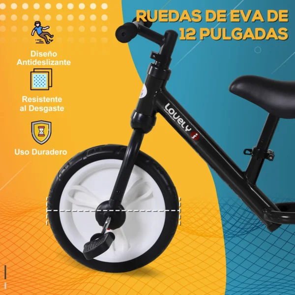 Bicicleta de Equilibrio con Pedales y Ruedas Entrenamiento Extraíbles de Asiento Regulable 33-38cm Niños +24 Meses Carga 25kg Negro - Imagen 4