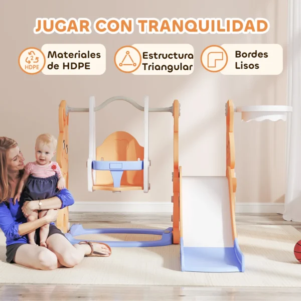 Tobogán Infantil con Columpio con Barandilla y Canasta 4 en 1 para Niños de +18 Meses 147,5x160x107 cm Naranja - Imagen 6