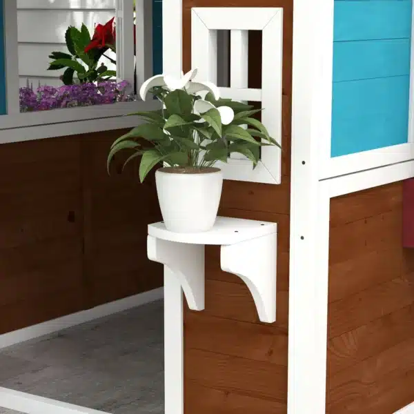 Casita de Madera Infantil con Puerta Ventanas Jardineras y Repisas con Detalles de Color 114x126,4x135 cm Marrón Oscuro - Imagen 4