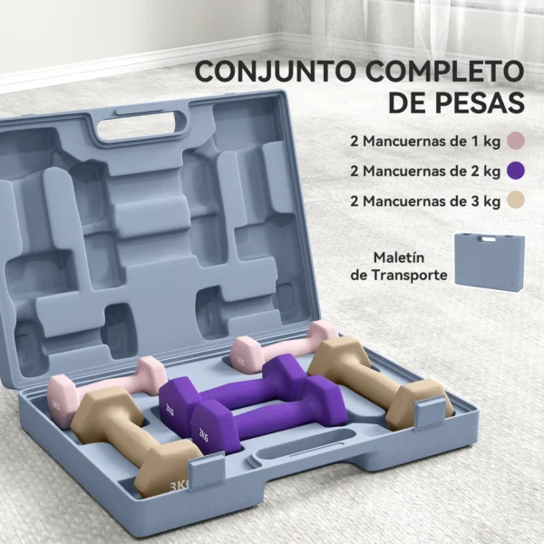 Juego de Mancuernas de 6 Piezas 2 x1 kg 2 x2 kg 2 x3 kg con Estuche de Transporte para Ejercicio en Casa Gimnasio - Imagen 9