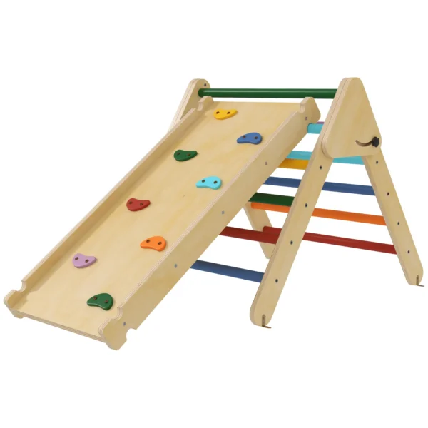 Triángulo de Escalada de Madera 3 en 1 con Rampa para Deslizarse o Escalar 147x64,5x63 cm Multicolor 5 - Imagen 2