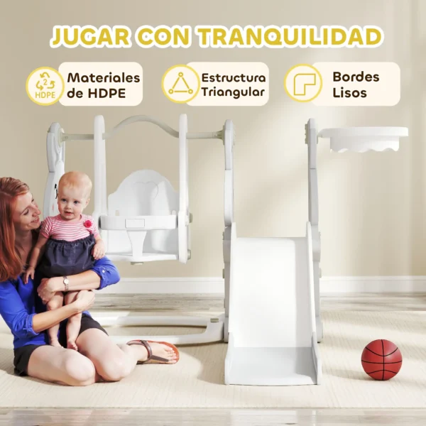 Tobogán Infantil con Columpio con Barandilla y Canasta 4 en 1 para Niños de +18 Meses 147,5x160x107 cm Gris - Imagen 5