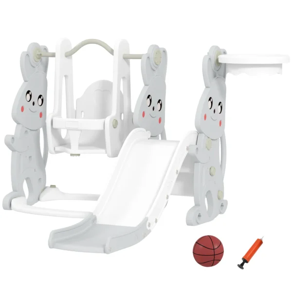 Tobogán Infantil con Columpio con Barandilla y Canasta 4 en 1 para Niños de +18 Meses 147,5x160x107 cm Gris - Imagen 2