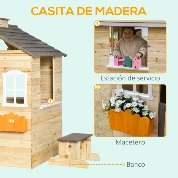 Casita Infantil de Juegos Exterior para Niños de 3 -7 Años con Ventanas 2 Jardineras y 1 Banco 113x94x134,5 cm Natural - Imagen 7