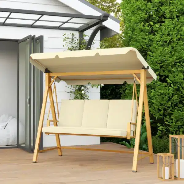 Balancín de Jardín con Toldo Ajustable para Tres Personas Estructura Metálica y Cojines 195x120x170 cm Beige - Imagen 5