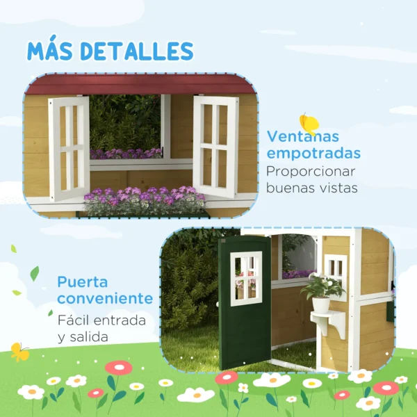 Casita de Madera Infantil con Puerta Ventanas Jardineras y Repisas con Detalles de Color 114x126,4x135 cm Natural - Imagen 6
