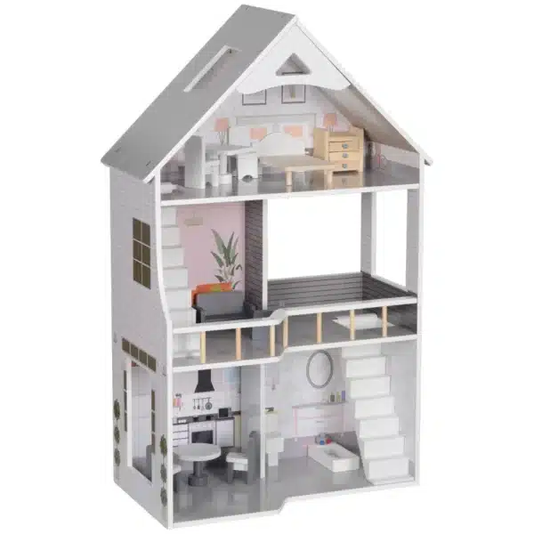 Casa de Muñecas con Muebles y Accesorios de 3 Pisos Juguete para Niños y Niñas a Partir de 3 Años Gris