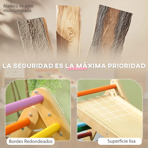 Triángulo de Escalada de Madera 3 en 1 con Rampa para Deslizarse o Escalar 147x64,5x63 cm Multicolor 5 - Imagen 7
