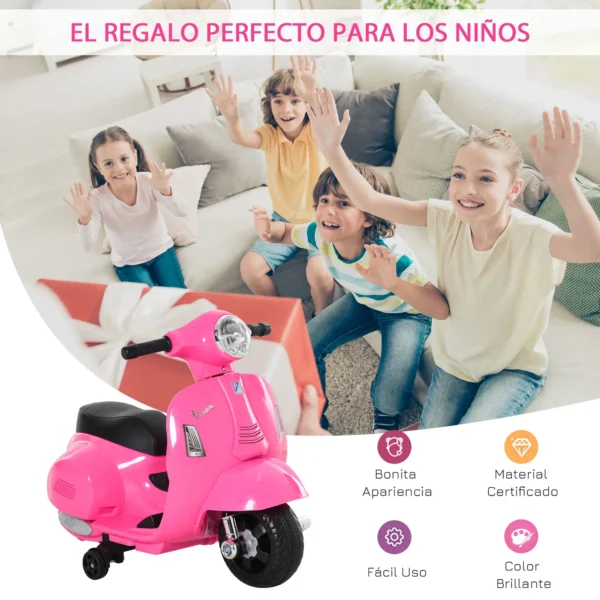 Moto Eléctrica Vespa para Niños de 18-36 Meses Moto de Batería 6V con Faro Bocina y 4 Ruedas 66,5x38x52 cm Rosa - Imagen 8