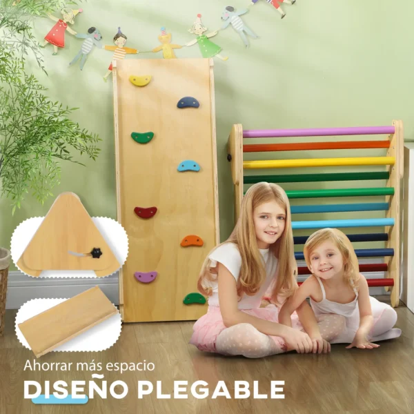 Triángulo de Escalada de Madera 3 en 1 con Rampa para Deslizarse o Escalar 147x64,5x63 cm Multicolor 5 - Imagen 5
