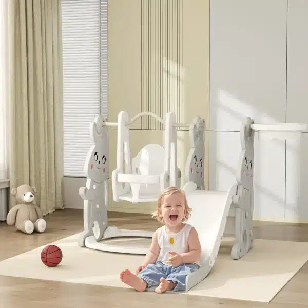 Tobogán Infantil con Columpio con Barandilla y Canasta 4 en 1 para Niños de +18 Meses 147,5x160x107 cm Gris - Imagen 10