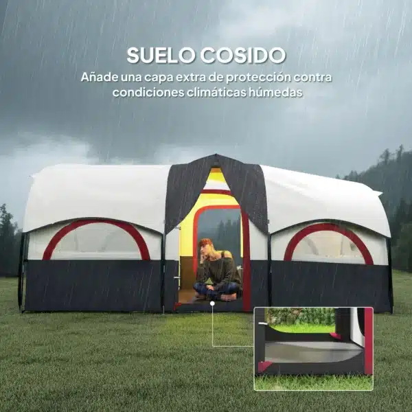 Tienda de Campaña Familiar para 4-6 Personas Impermeable con Dormitorios Independientes 435x251x195 cm Gris y Blanco - Imagen 7