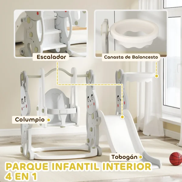 Tobogán Infantil con Columpio con Barandilla y Canasta 4 en 1 para Niños de +18 Meses 147,5x160x107 cm Gris - Imagen 8