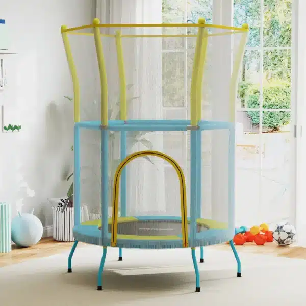 Trampolín Infantil de Interior con Red de Seguridad Cuerdas Elásticas y Barras Acolchadas 3-6 Años Ø140x190cm Azul Claro CAMA ELASTICA - Imagen 4