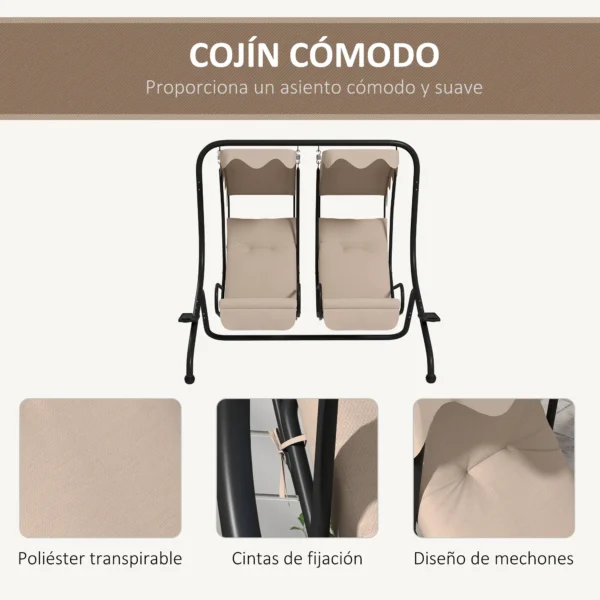 Columpio de Jardín de 2 Plazas con Asientos Individuales Toldos Extraíbles y Bandejas Laterales 170x136x170cm Beige - Imagen 7