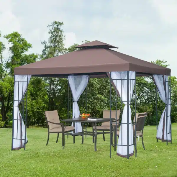 Cenador de Jardín 3x3 m Pabellón para Exterior con Doble Techo de Ventilación 4 Mosquiteras Extraíbles y Marco de Acero Protección Solar Gazebo para Fiestas Eventos Café - Imagen 11